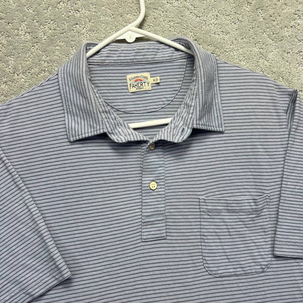 Faherty Brand Polo Shirt Mens XL Blue Striped Short Sleeve Cotton Pocket Casual